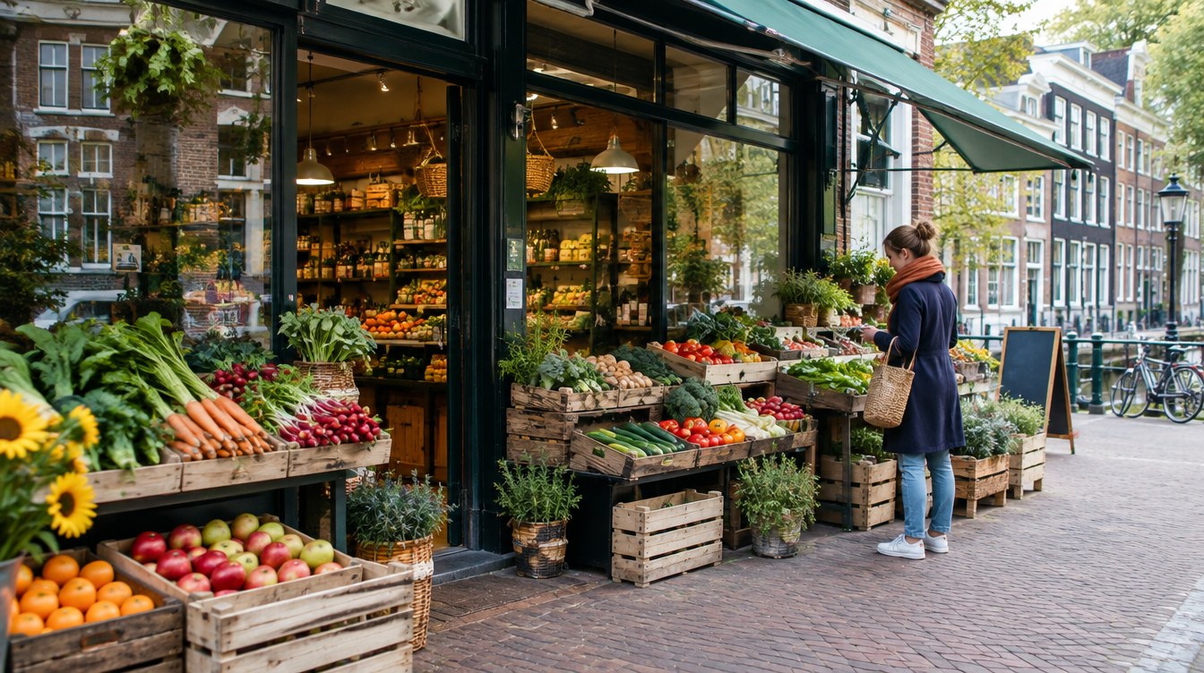 Biologische winkel in de buurt: etalage en straatbeeld